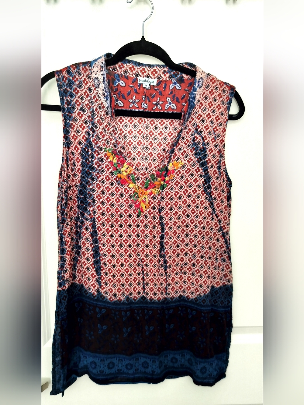 Nostalgia Red and Blue Sleeveless Printed Camisole with Floral Embroidery